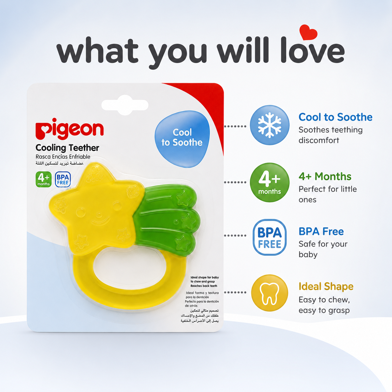 Pigeon Cooling Teether 4+ Months BPA-Free Baby Cooling Teether designed to soothe sore gums and provide teething relief for infants.