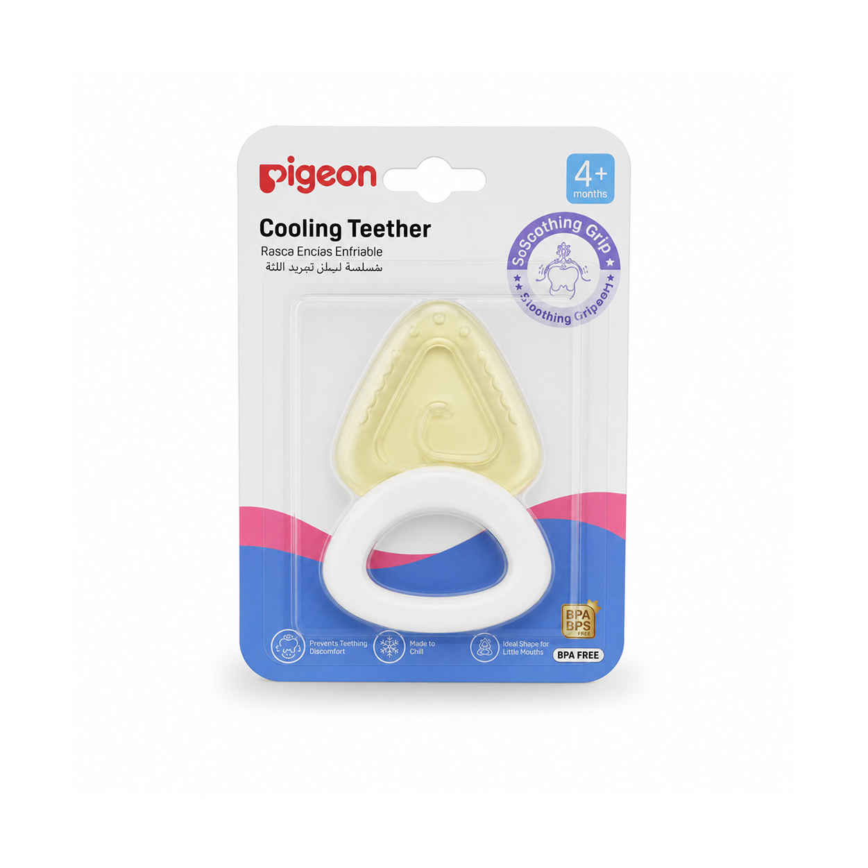 Pigeon Cooling Teether 4+ Months cooling baby teether with BPA-free design for soothing sore gums and teething discomfort in infants.