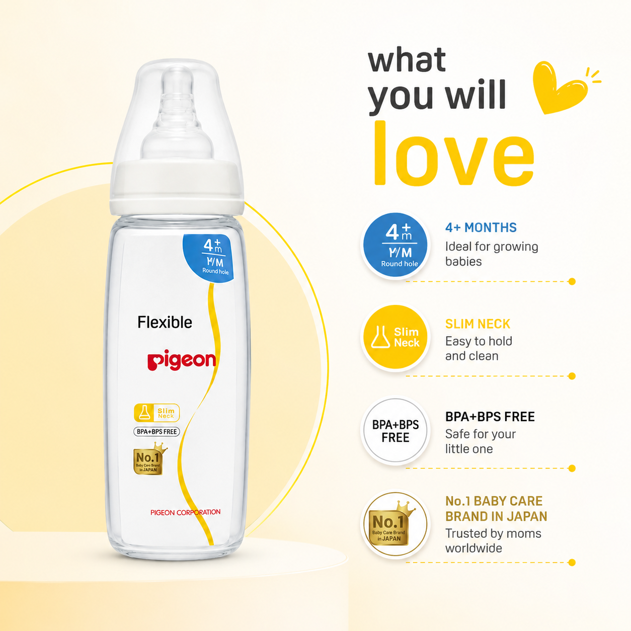 Pigeon Flexible Slim Neck Baby Bottle Round Hole Y/M 4+ Months baby feeding bottle with BPA and BPS free design for safe daily feeding.