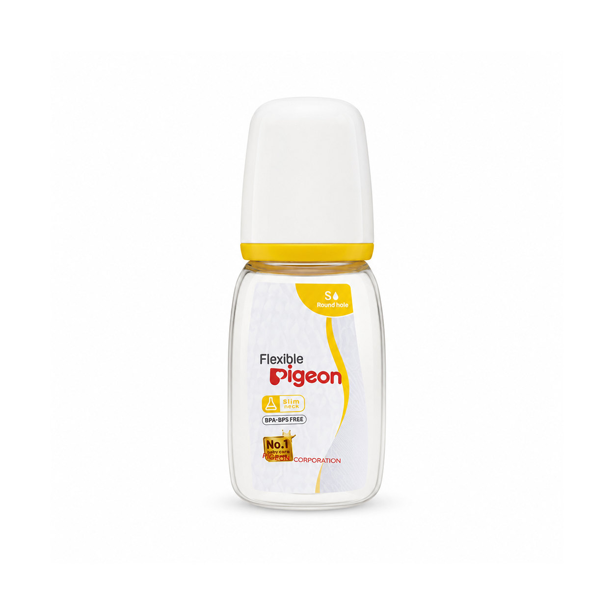 Pigeon Flexible Slim Neck Baby Feeding Bottle Size S with round hole nipple, BPA-BPS free bottle for smooth and comfortable feeding.