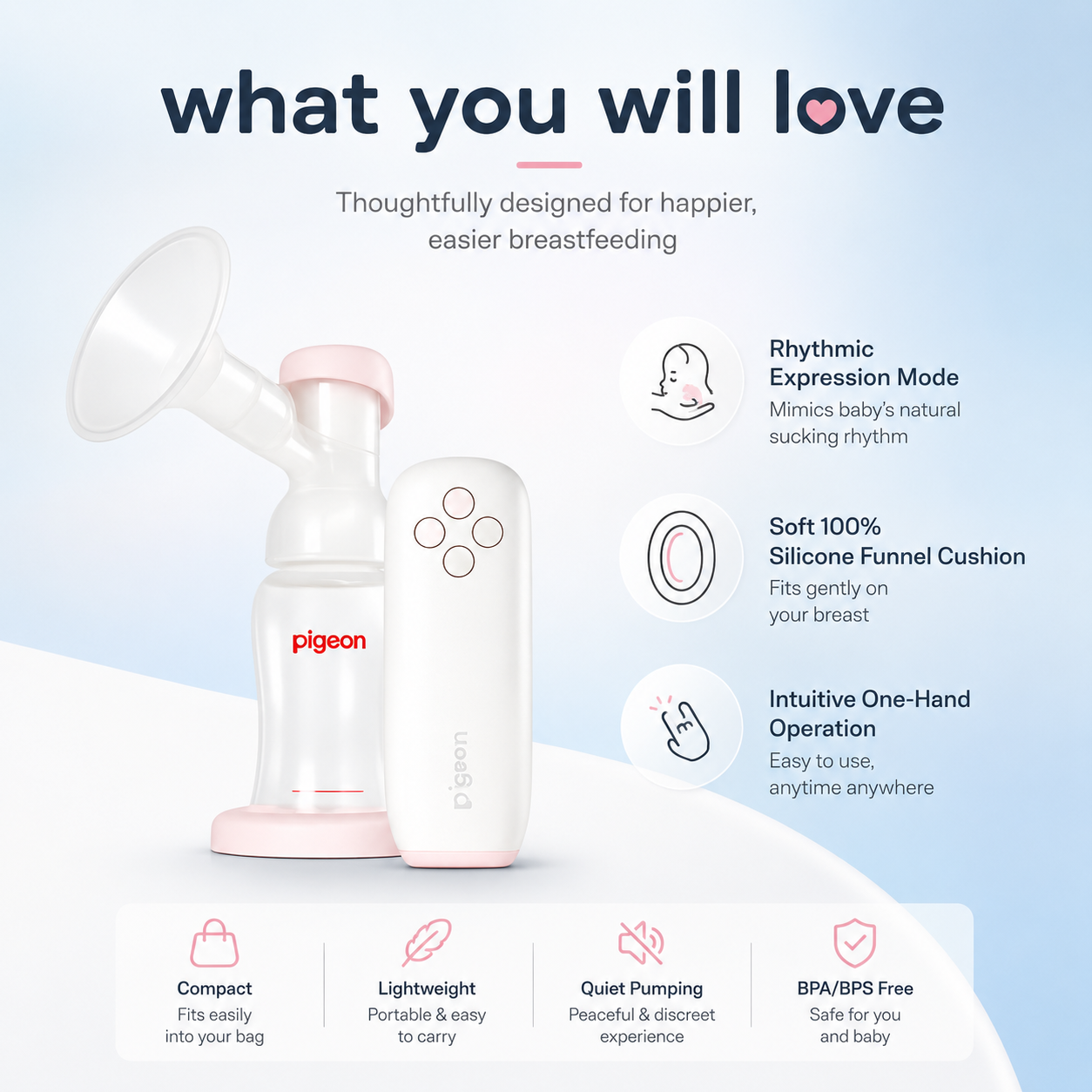 Pigeon GoMini™ Plus Electric Breast Pump Single portable electric breast pump with silicone cushion for comfortable milk expression.