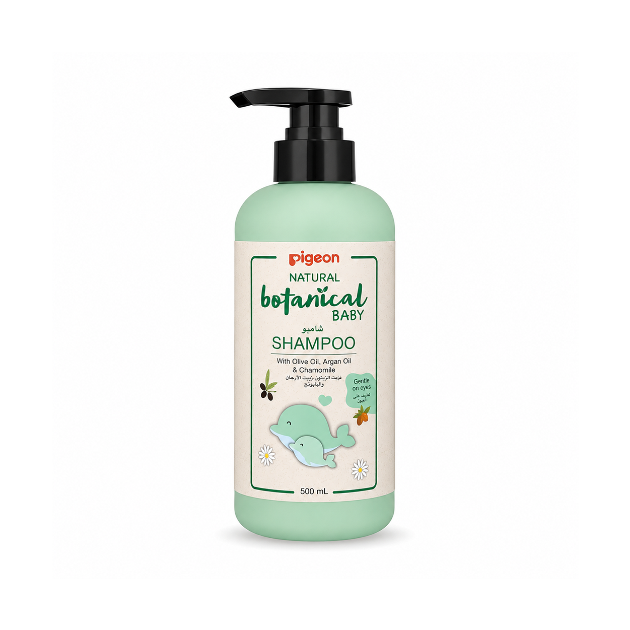 Pigeon Natural Botanical Baby Shampoo 500ml baby shampoo with olive oil, argan oil and chamomile for gentle hair and scalp cleansing.