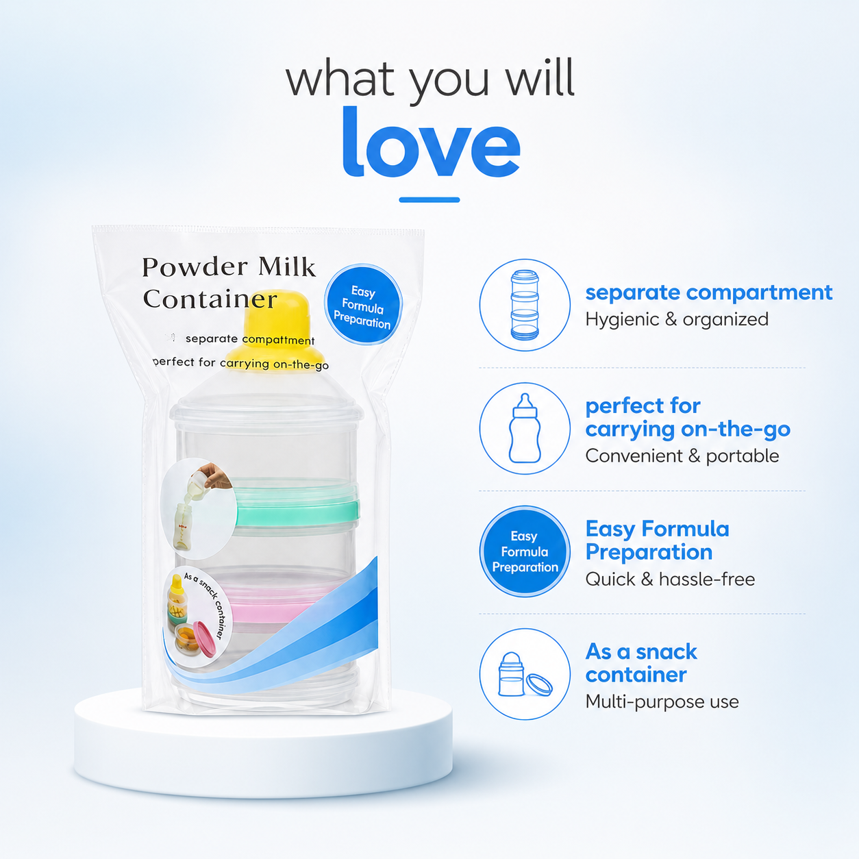 Powder Milk Container baby formula dispenser with separate compartments for easy formula preparation and portable feeding storage on the go.