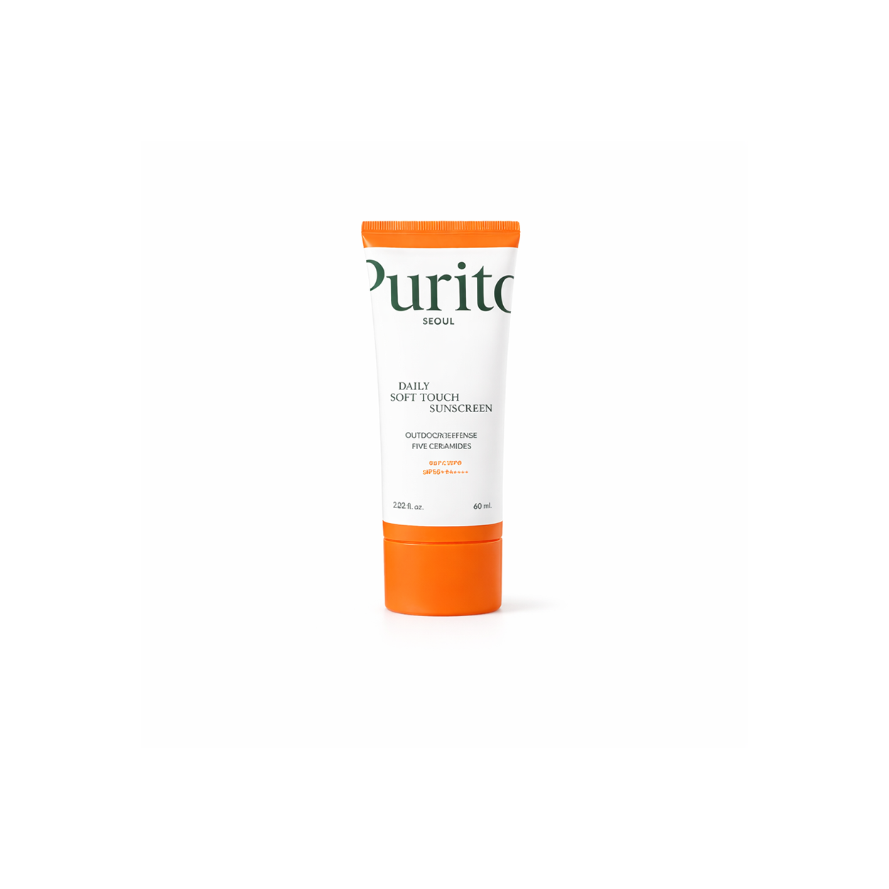 Purito Seoul Daily Soft Touch Sunscreen SPF50+ PA++++ 60ml facial sunscreen with ceramides providing broad spectrum UV protection for sensitive skin.