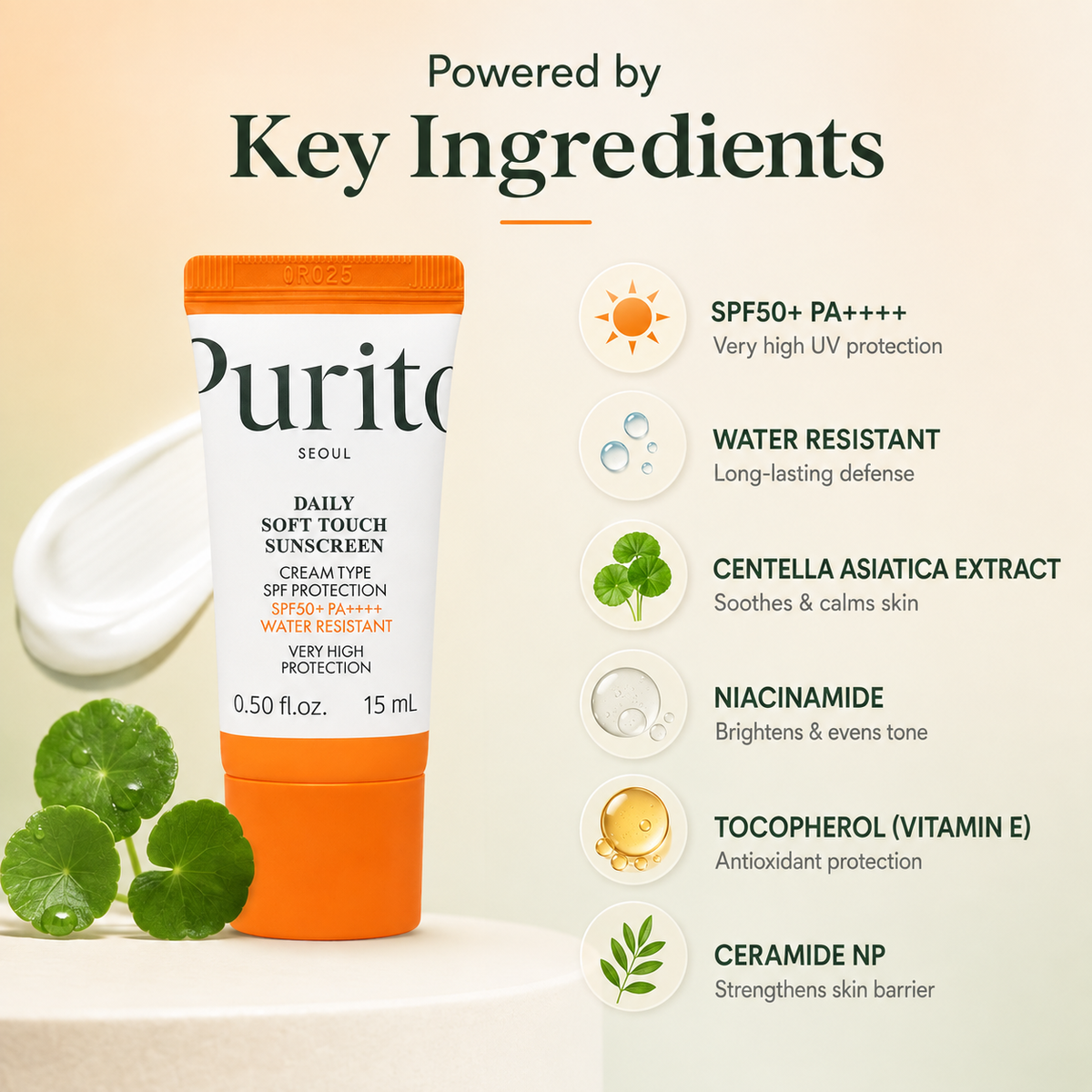 Purito Seoul Daily Soft Touch Sunscreen SPF50+ PA++++ cream facial sunscreen 15ml for high UV protection