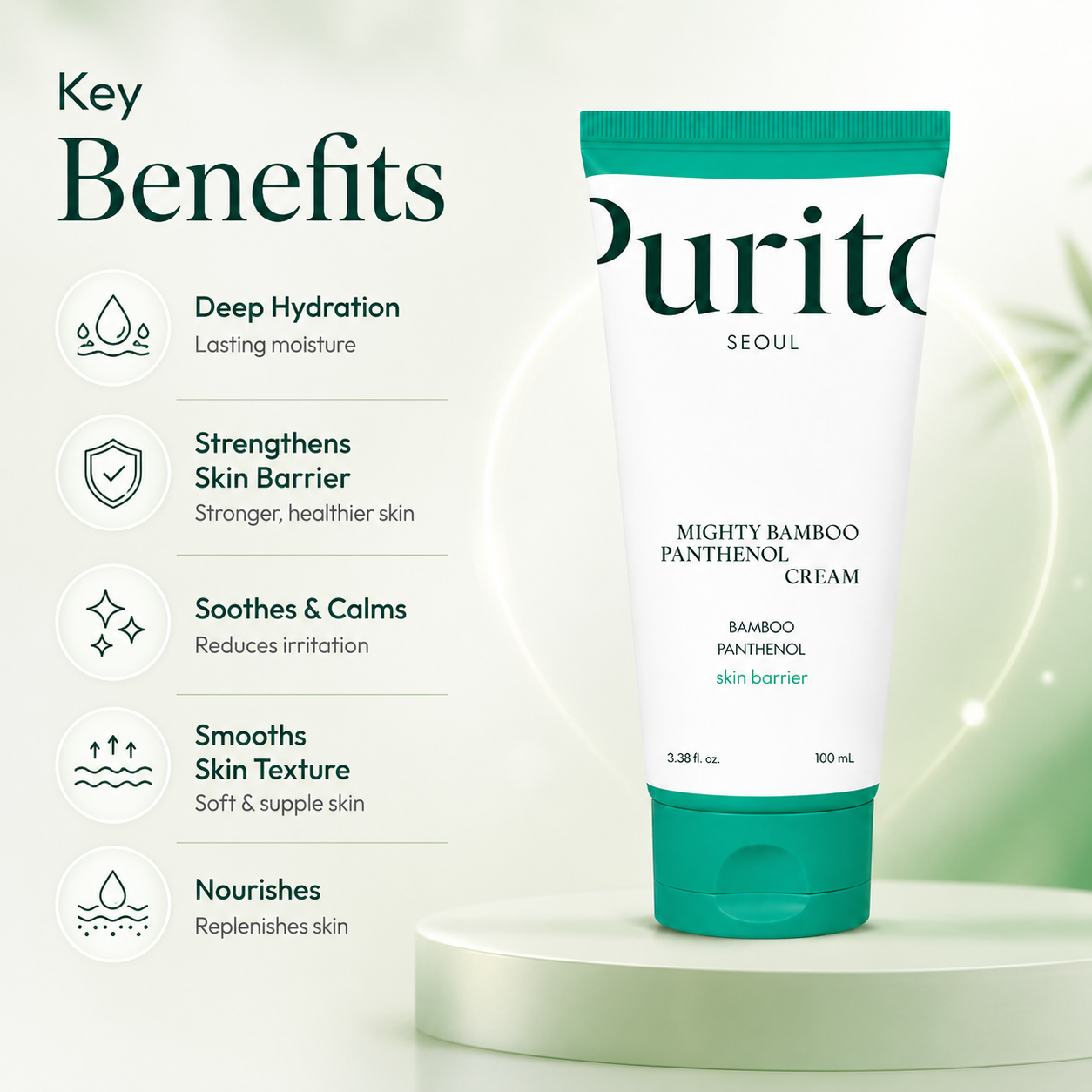 Purito Seoul Mighty Bamboo Panthenol Cream 100ml moisturizing face cream for skin barrier repair and long-lasting hydration for sensitive skin.