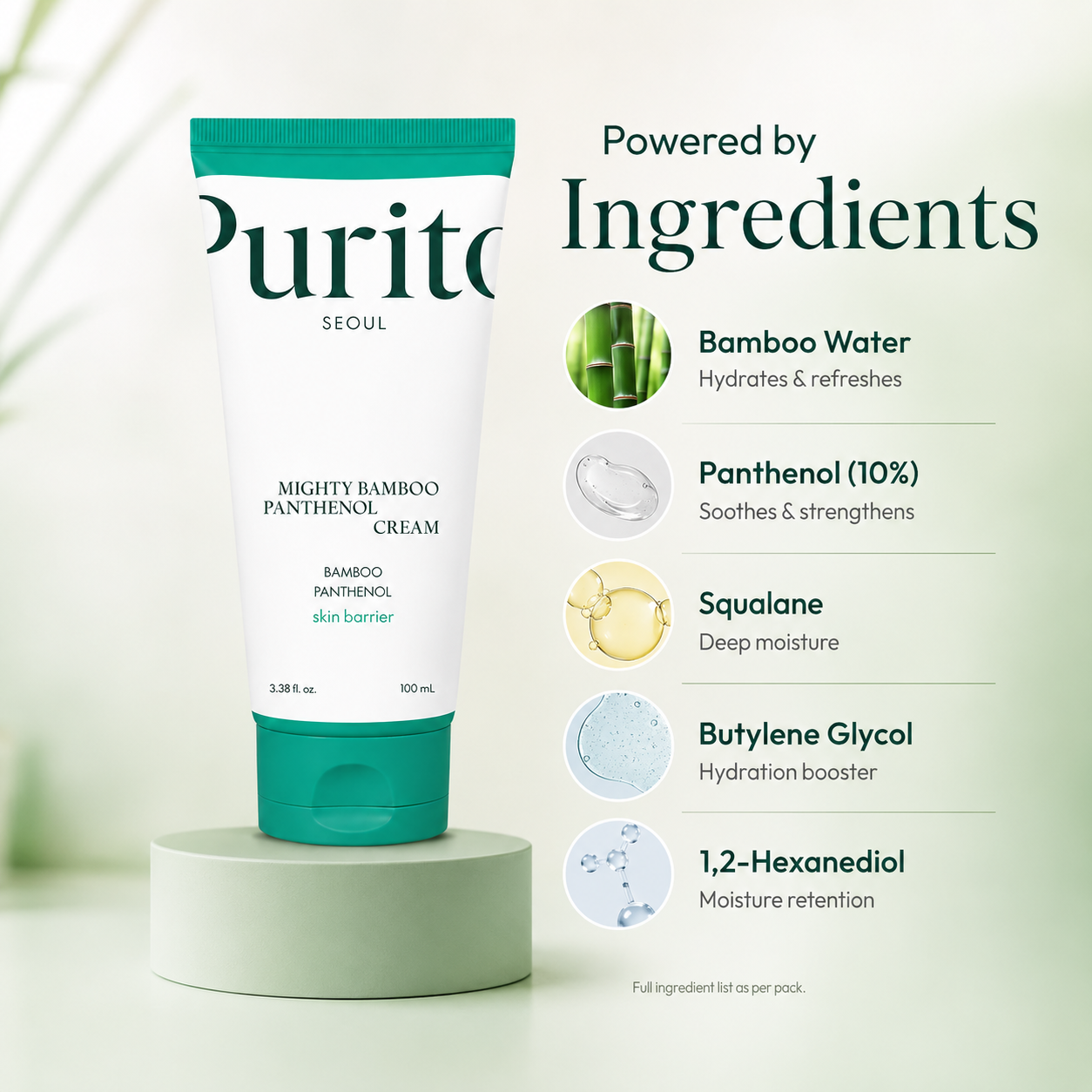 Purito Seoul Mighty Bamboo Panthenol Cream 100ml moisturizing face cream for skin barrier repair and long-lasting hydration for sensitive skin.