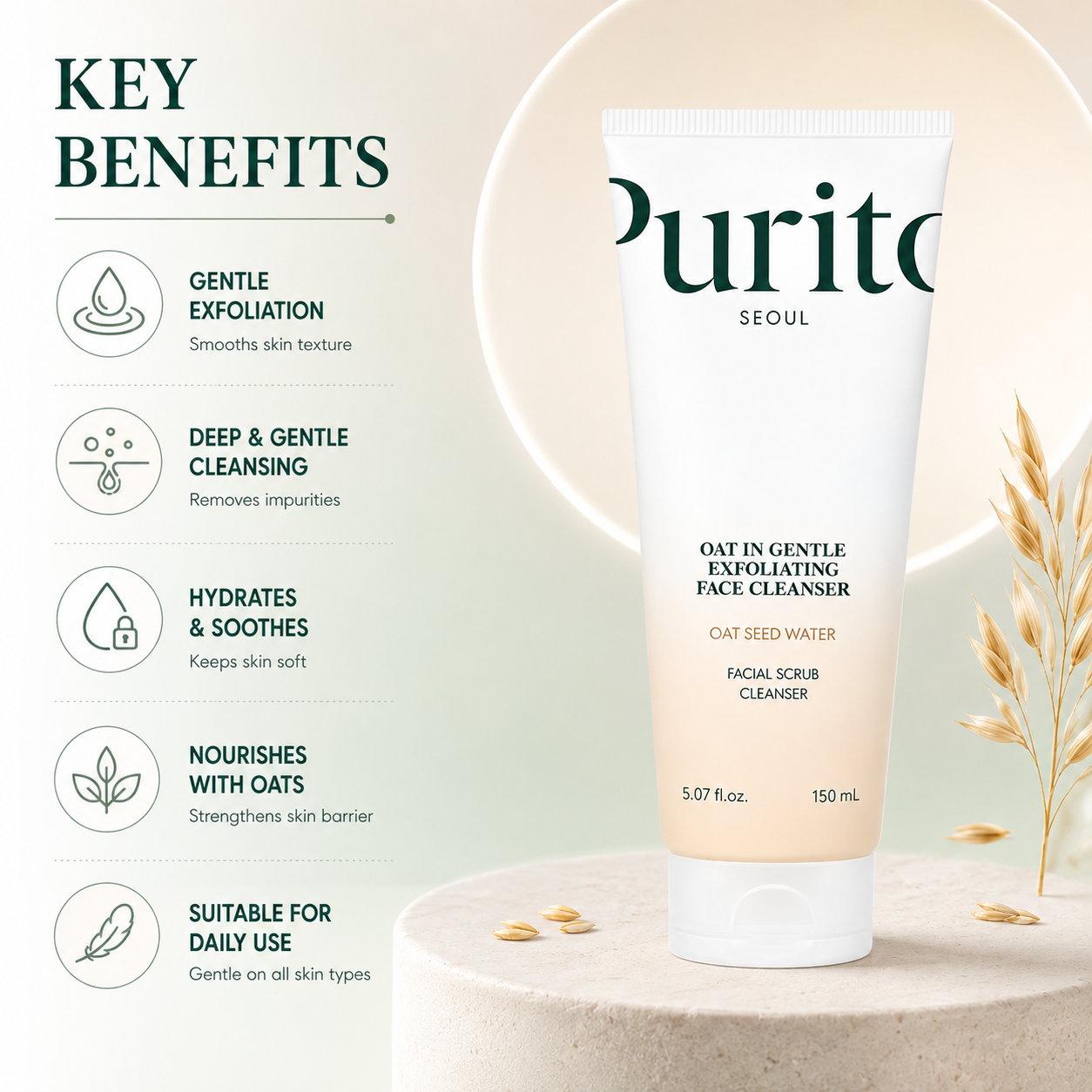 Purito Seoul Oat In Gentle Exfoliating Face Cleanser 150ml for gentle exfoliation and smoother skin texture