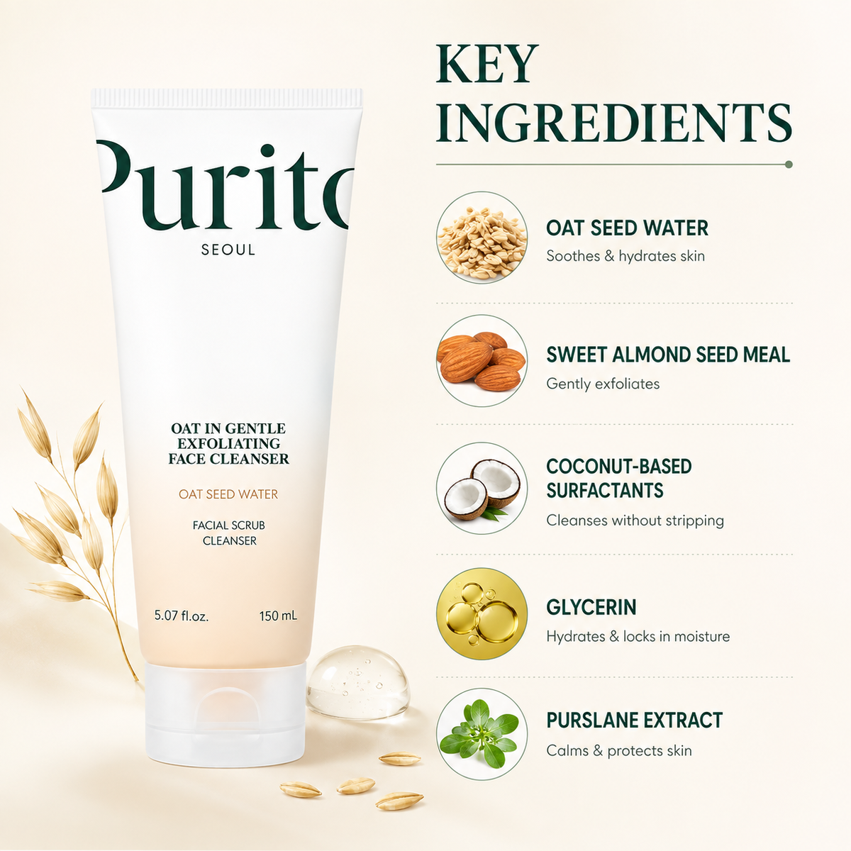Purito Seoul Oat In Gentle Exfoliating Face Cleanser 150ml for gentle exfoliation and smoother skin texture