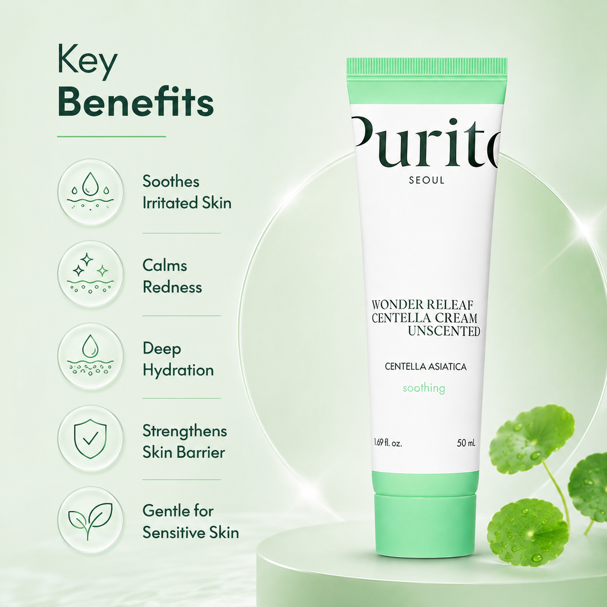 Purito Wonder Releaf Centella Cream Unscented 50ml facial cream for soothing and moisturizing dry, sensitive skin