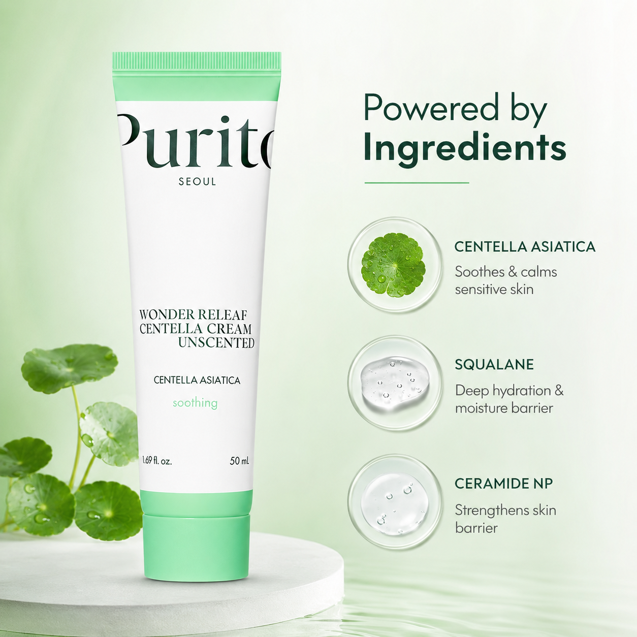 Purito Wonder Releaf Centella Cream Unscented 50ml facial cream for soothing and moisturizing dry, sensitive skin
