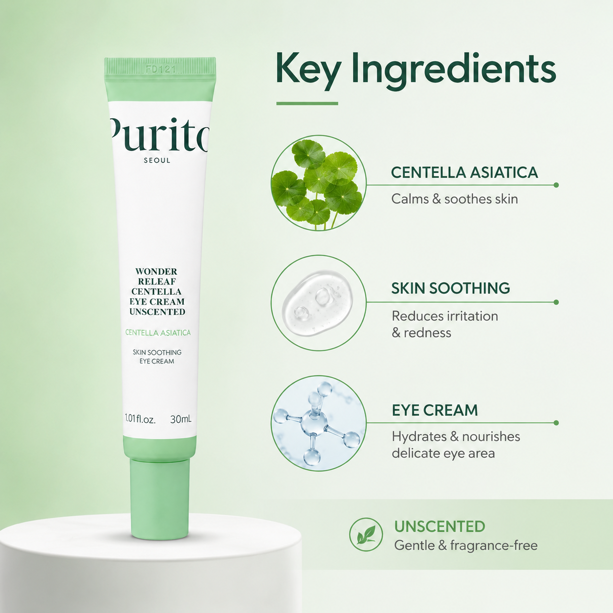 Purito Wonder Releaf Centella Eye Cream Unscented 30ml, soothing Centella Asiatica eye cream for delicate under-eye skin