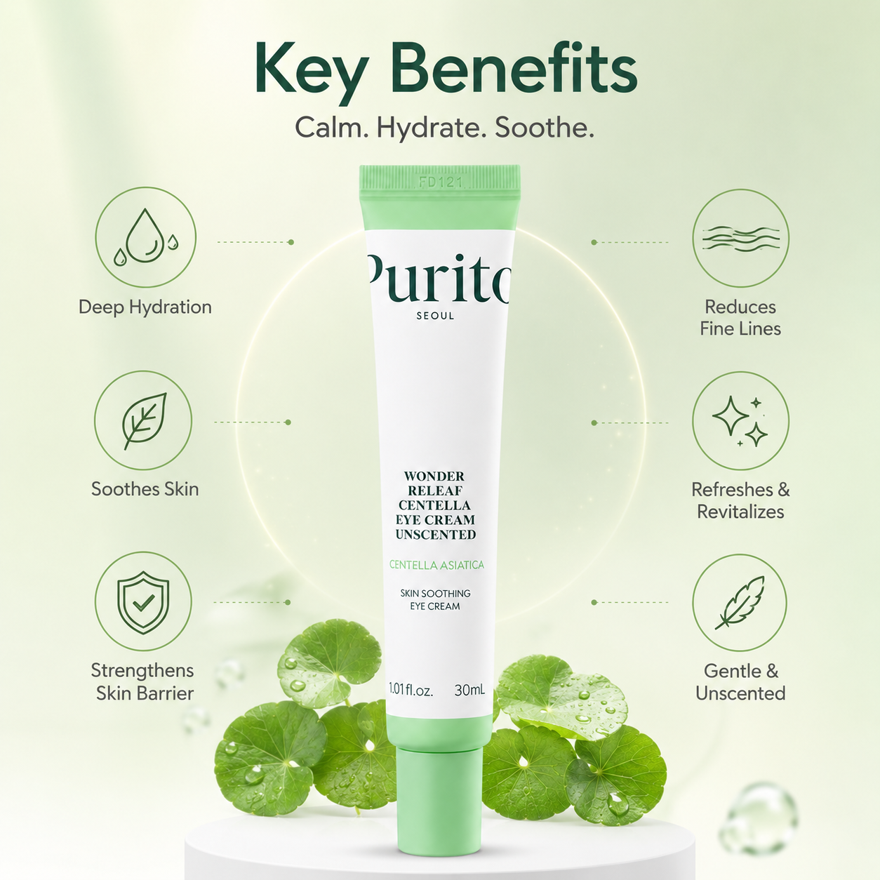 Purito Wonder Releaf Centella Eye Cream Unscented 30ml, soothing Centella Asiatica eye cream for delicate under-eye skin