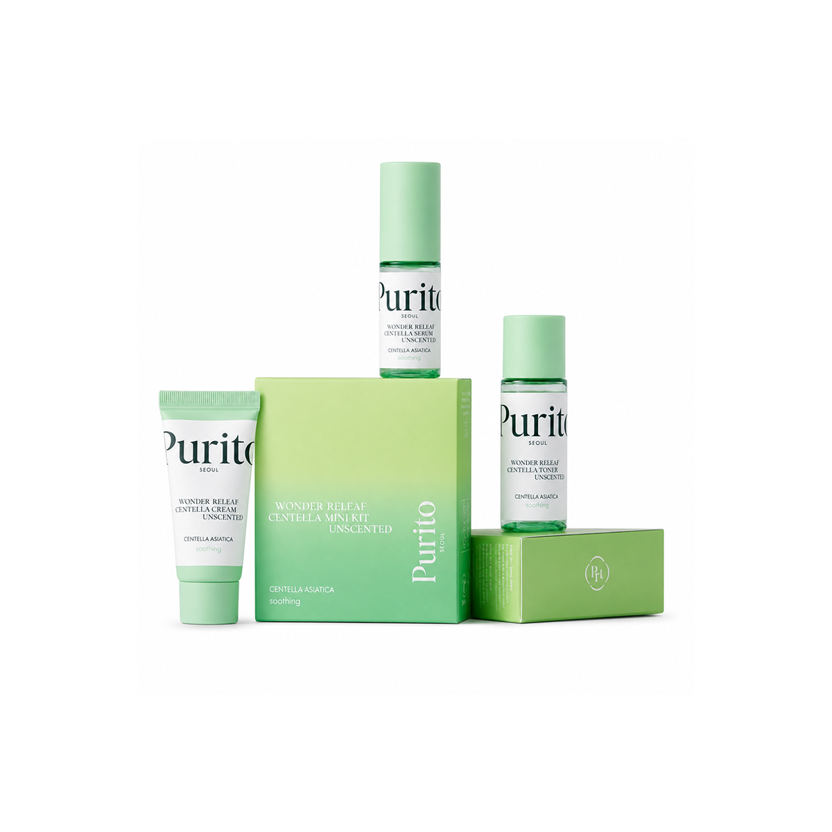 Purito Wonder Releaf Centella Mini Kit Unscented 3-piece skincare set for soothing sensitive skin, with toner, serum and cream