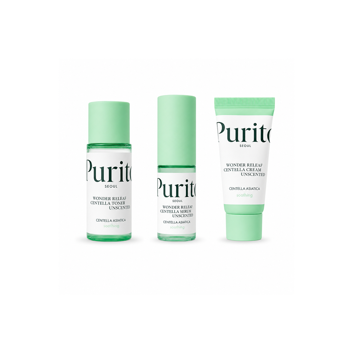 Purito Wonder Releaf Centella Mini Kit Unscented 3-piece skincare set for soothing sensitive skin, with toner, serum and cream