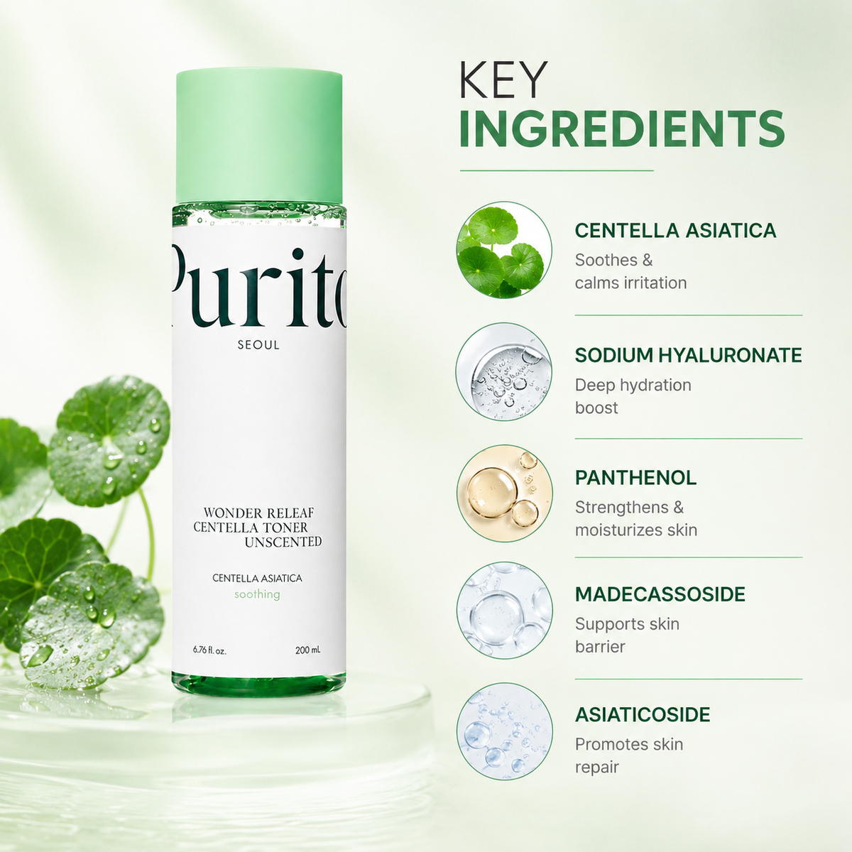 Purito Wonder Releaf Centella Toner Unscented 200ml facial toner for soothing sensitive skin and hydration