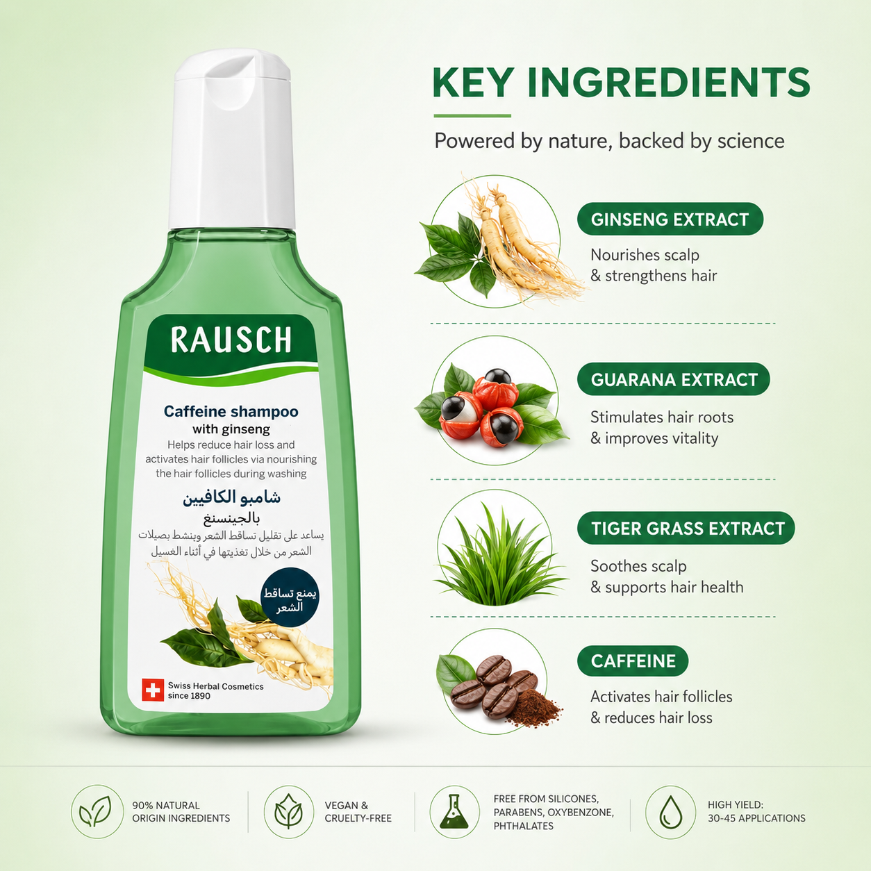 RAUSCH Caffeine Shampoo With Ginseng 200ml hair loss shampoo designed to help reduce hair fall and support stronger hair roots.