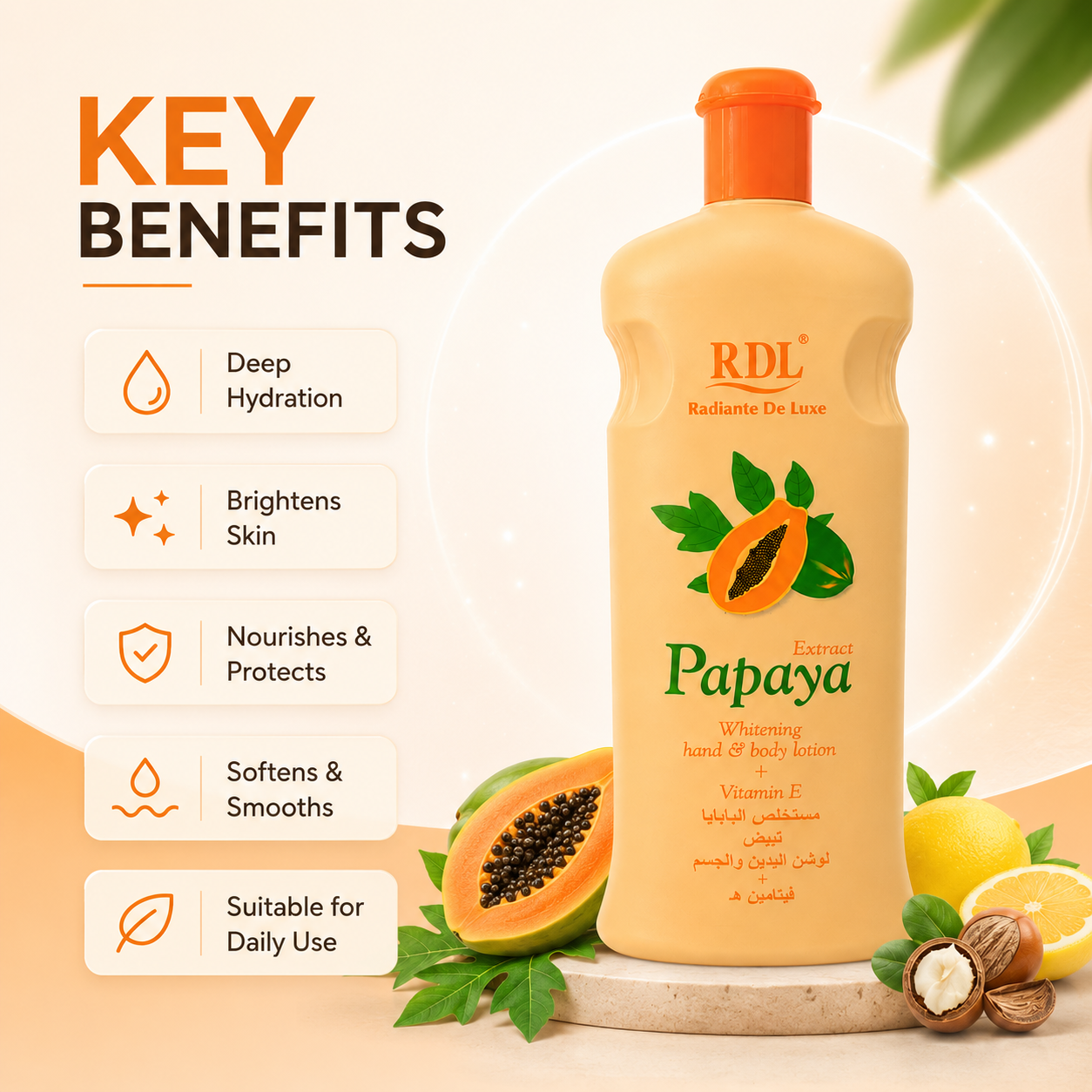 RDL Papaya Extract Whitening Hand & Body Lotion 600ml for dry and dull skin with Vitamin E hydration benefits