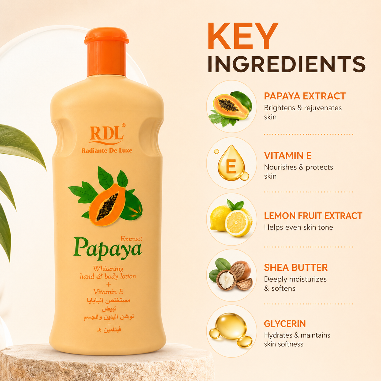 RDL Papaya Extract Whitening Hand & Body Lotion 600ml for dry and dull skin with Vitamin E hydration benefits