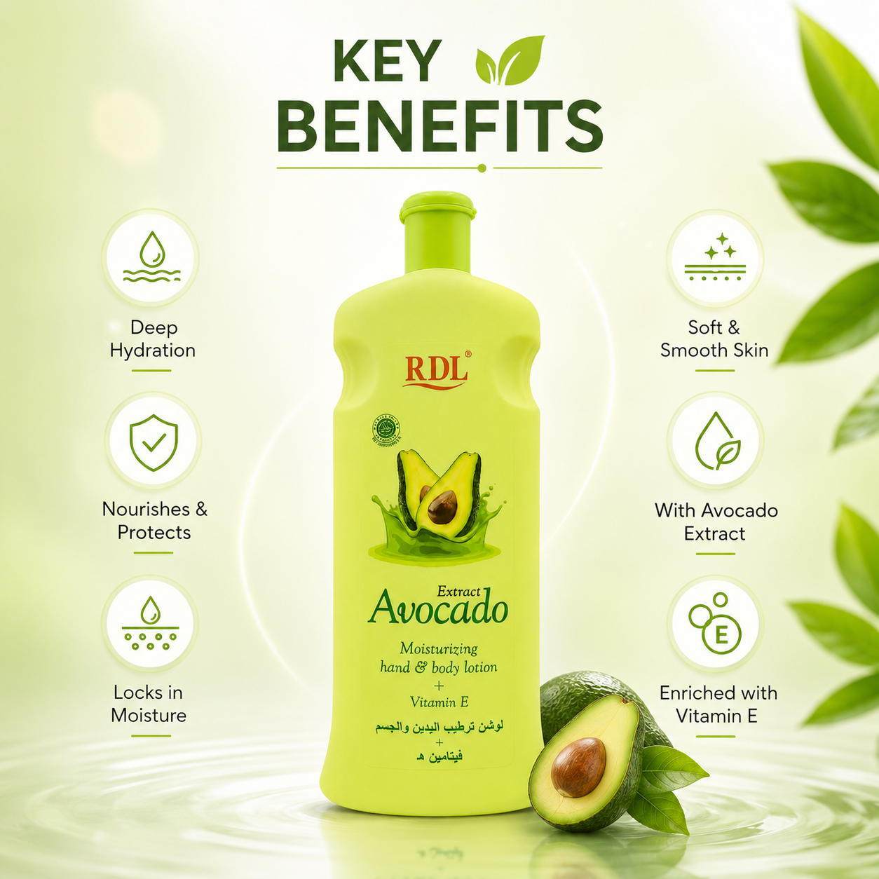 RDL Avocado Extract Moisturizing Hand & Body Lotion 600ml with Vitamin E for dry and flaky skin hydration