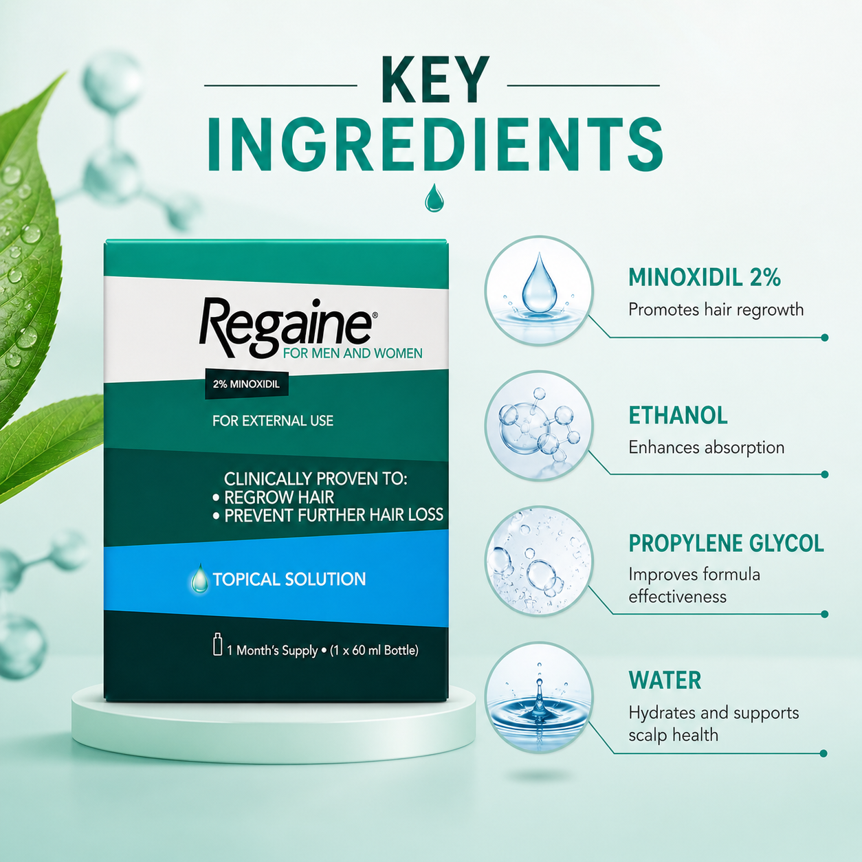 Regaine 2% Minoxidil Topical Solution 60ml box for hair regrowth treatment, designed to reduce hair loss and support thicker hair growth
