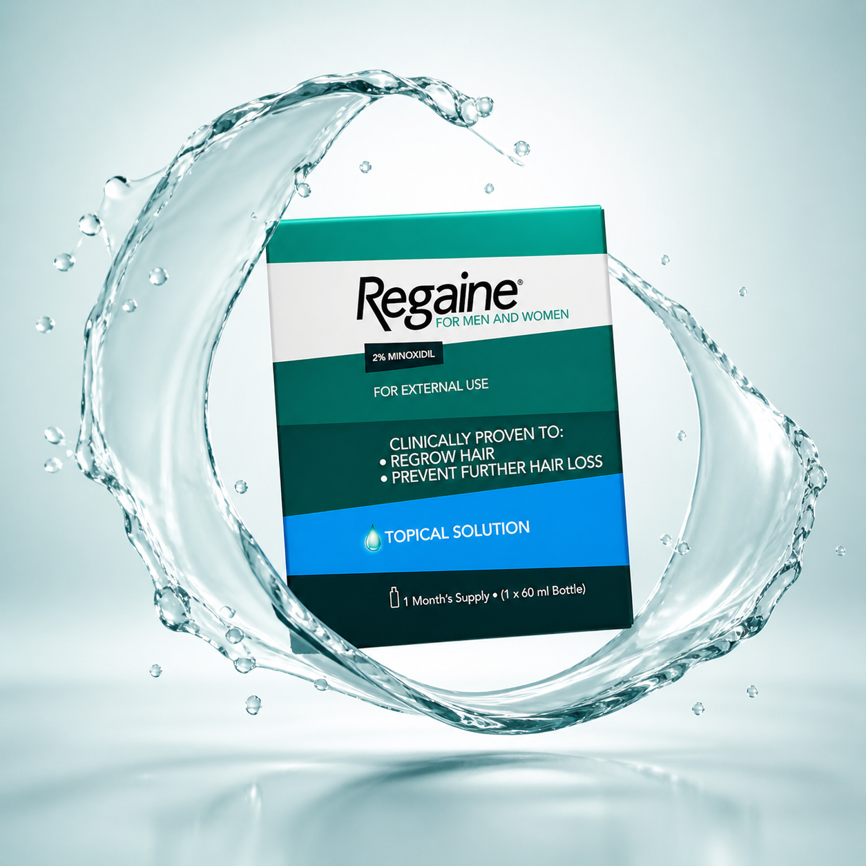 Regaine 2% Minoxidil Topical Solution 60ml box for hair regrowth treatment, designed to reduce hair loss and support thicker hair growth