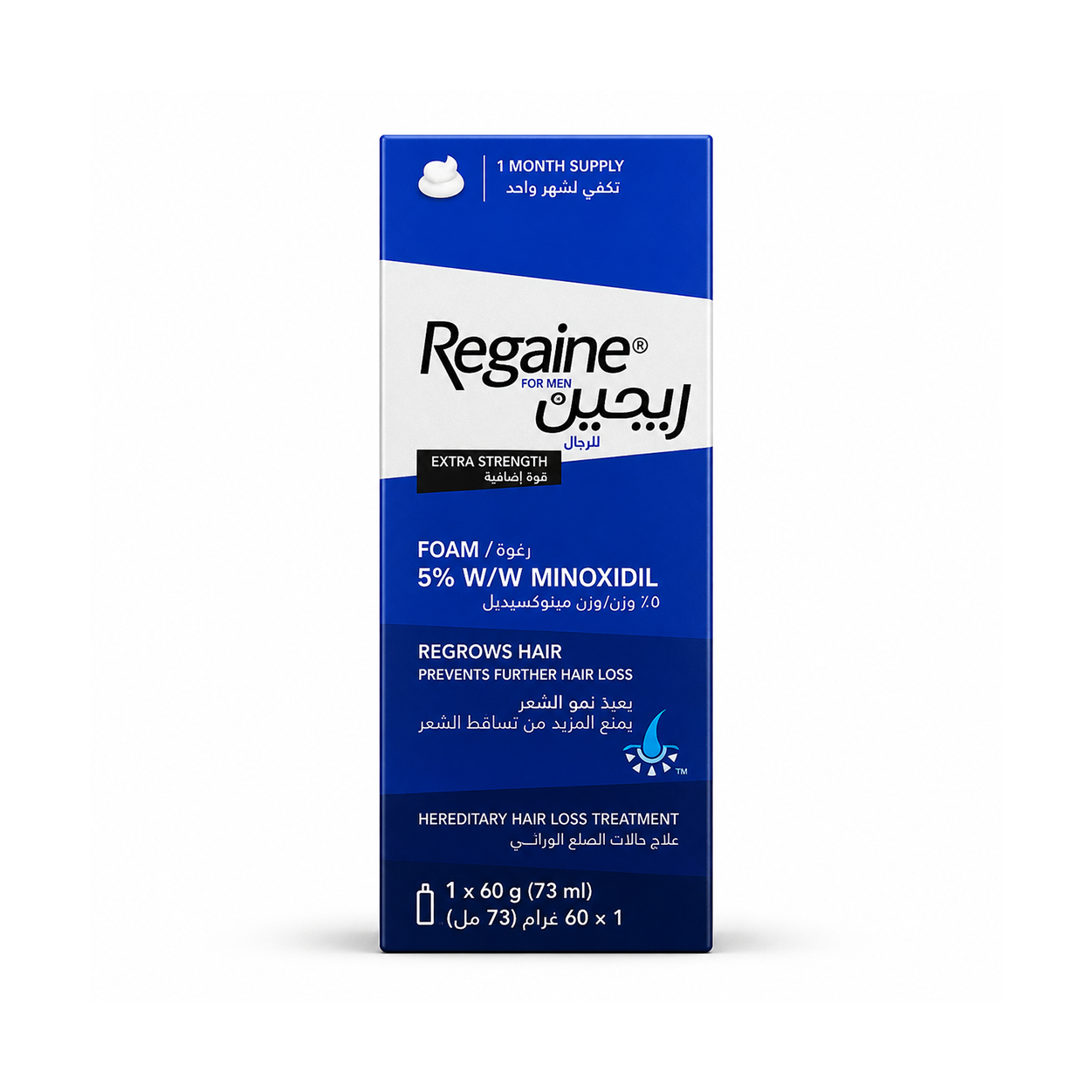 Regaine For Men Extra Strength Foam 5% W/W Minoxidil Hair Regrowth Foam 60g (73ml) helps reduce hereditary hair loss and promote regrowth.