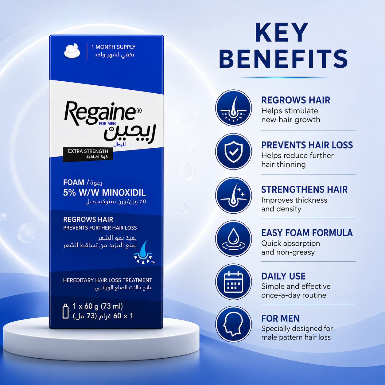 Regaine For Men Extra Strength Foam 5% W/W Minoxidil Hair Regrowth Foam 60g (73ml) helps reduce hereditary hair loss and promote regrowth.
