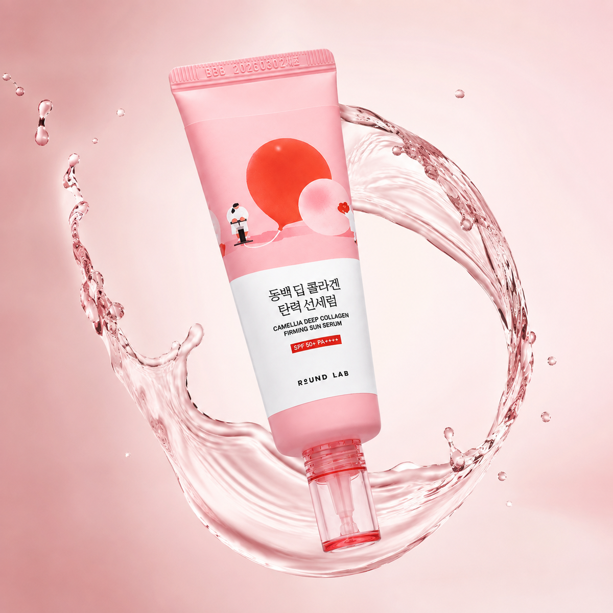 ROUND LAB Camellia Deep Collagen Firming Sun Serum 50ml facial sunscreen serum for hydration and SPF 50+ UV protection
