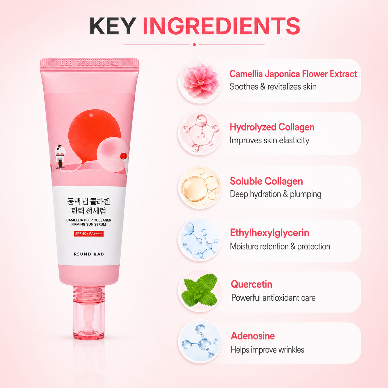 ROUND LAB Camellia Deep Collagen Firming Sun Serum 50ml facial sunscreen serum for hydration and SPF 50+ UV protection