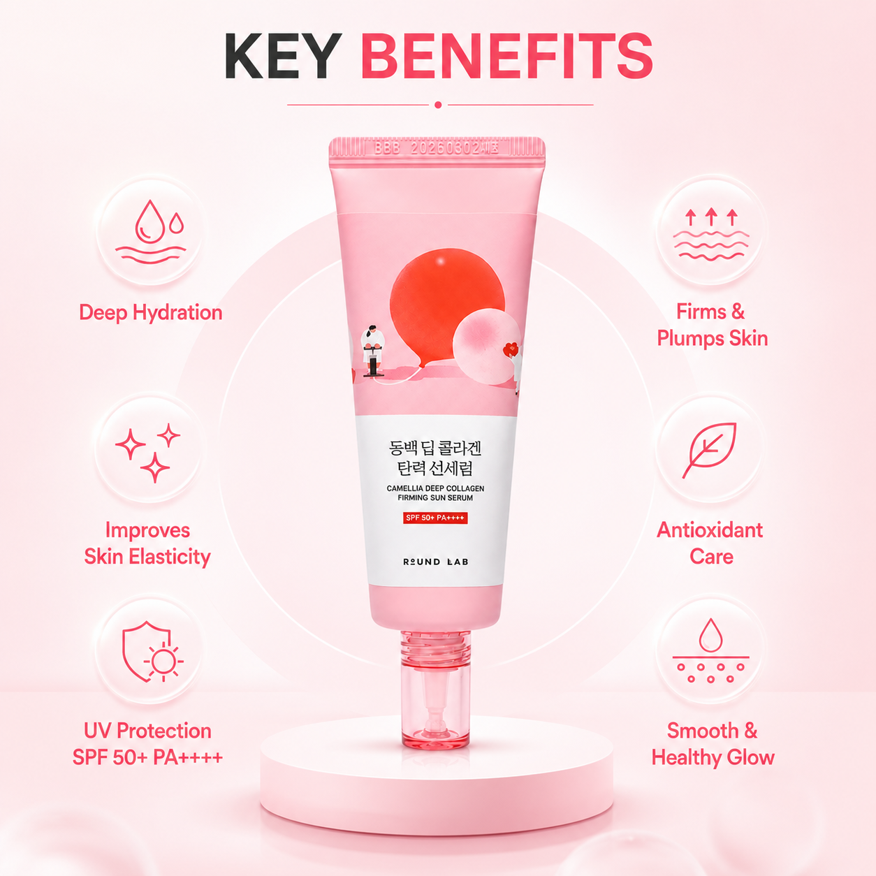 ROUND LAB Camellia Deep Collagen Firming Sun Serum 50ml facial sunscreen serum for hydration and SPF 50+ UV protection