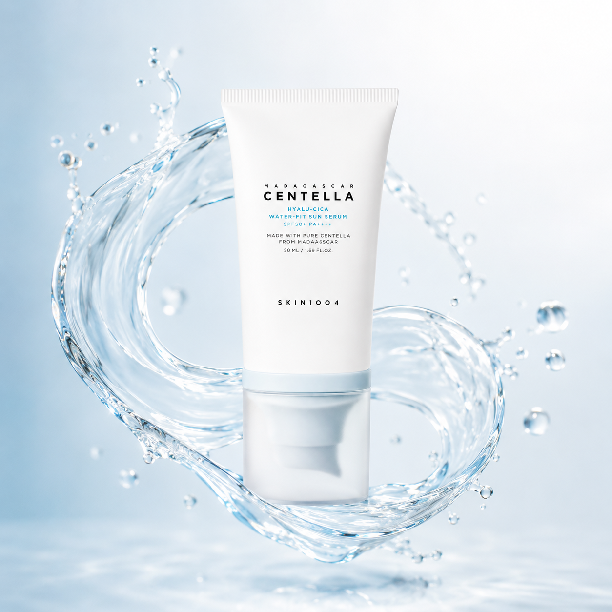 SKIN1004 Madagascar Centella Hyalu-Cica Water-Fit Sun Serum SPF50+ PA++++ sunscreen serum 50ml providing lightweight daily UV protection and hydration.