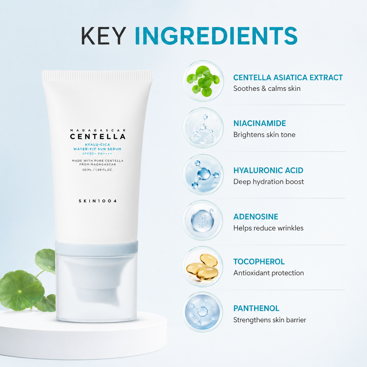 SKIN1004 Madagascar Centella Hyalu-Cica Water-Fit Sun Serum SPF50+ PA++++ sunscreen serum 50ml providing lightweight daily UV protection and hydration.