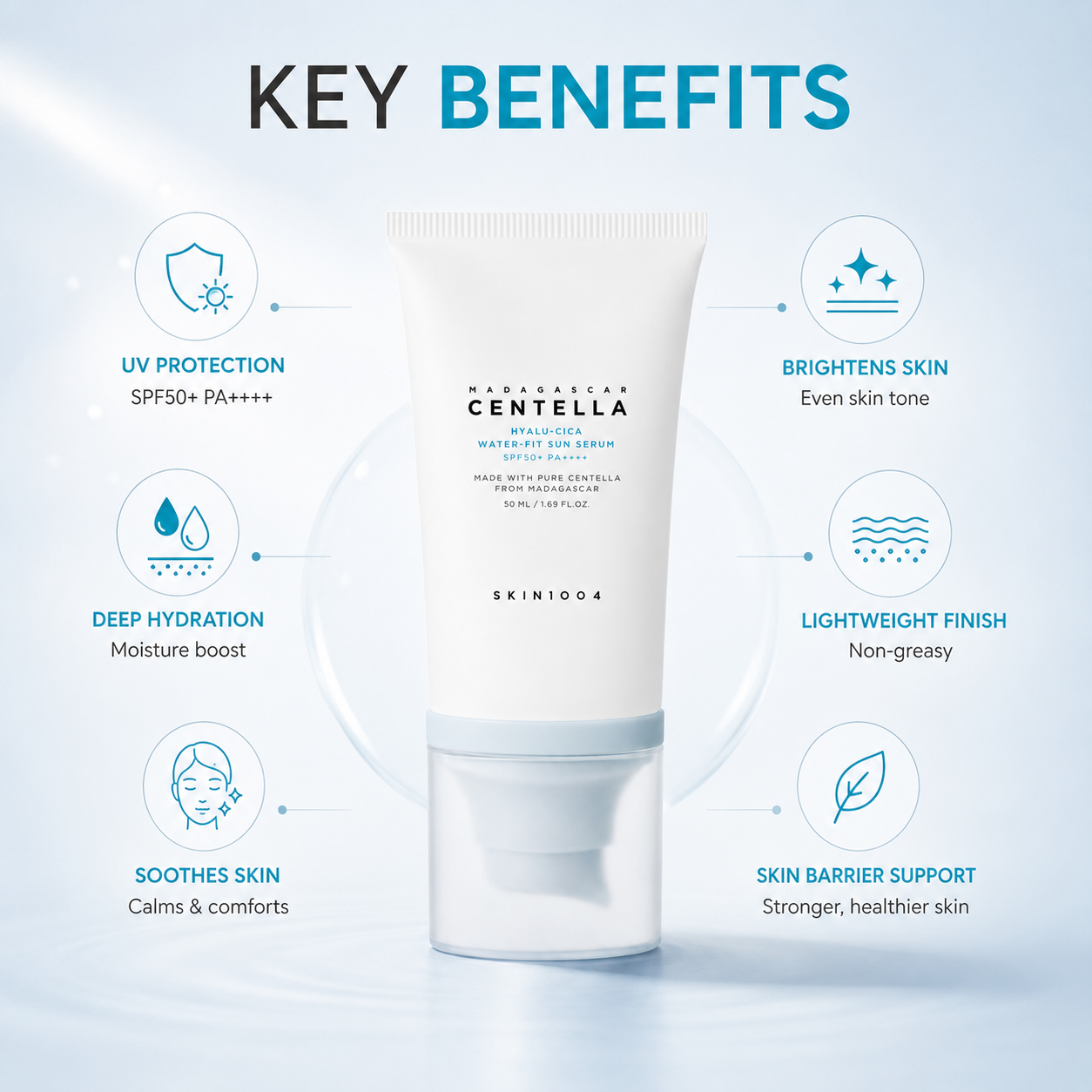 SKIN1004 Madagascar Centella Hyalu-Cica Water-Fit Sun Serum SPF50+ PA++++ sunscreen serum 50ml providing lightweight daily UV protection and hydration.