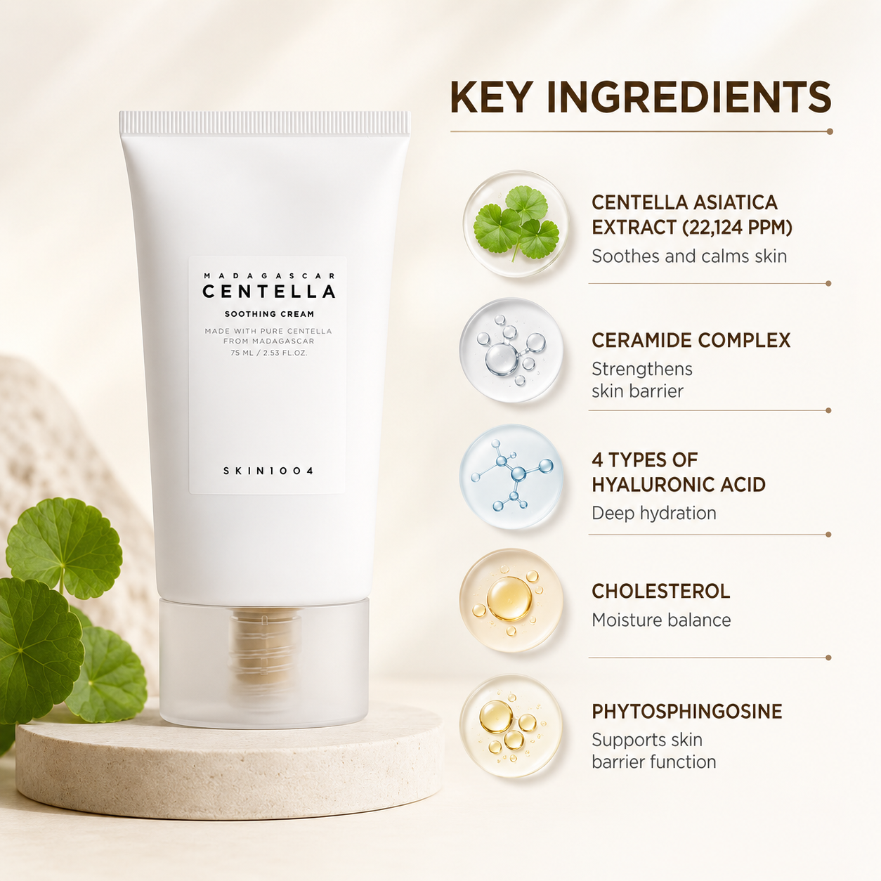 SKIN1004 Madagascar Centella Soothing Cream 75ml soothing face cream with Centella and ceramides for hydration and skin barrier support.