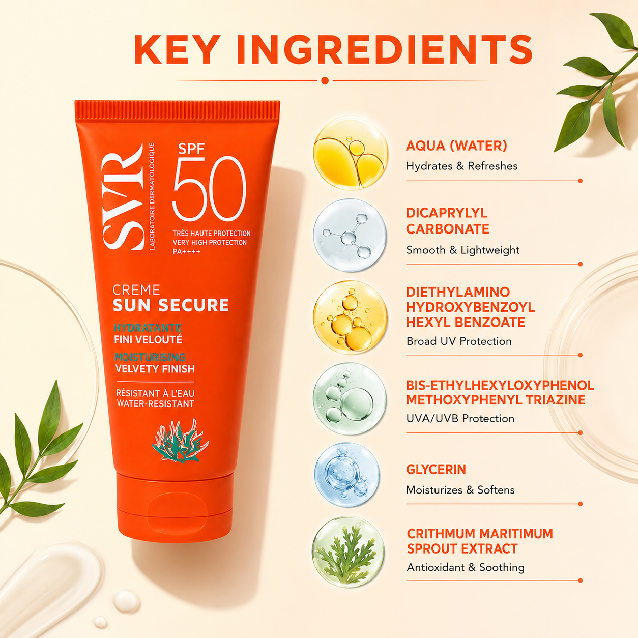 SVR Sun Secure Crème SPF 50+ moisturising face sunscreen cream 50ml offering very high broad-spectrum UV protection for sensitive skin.
