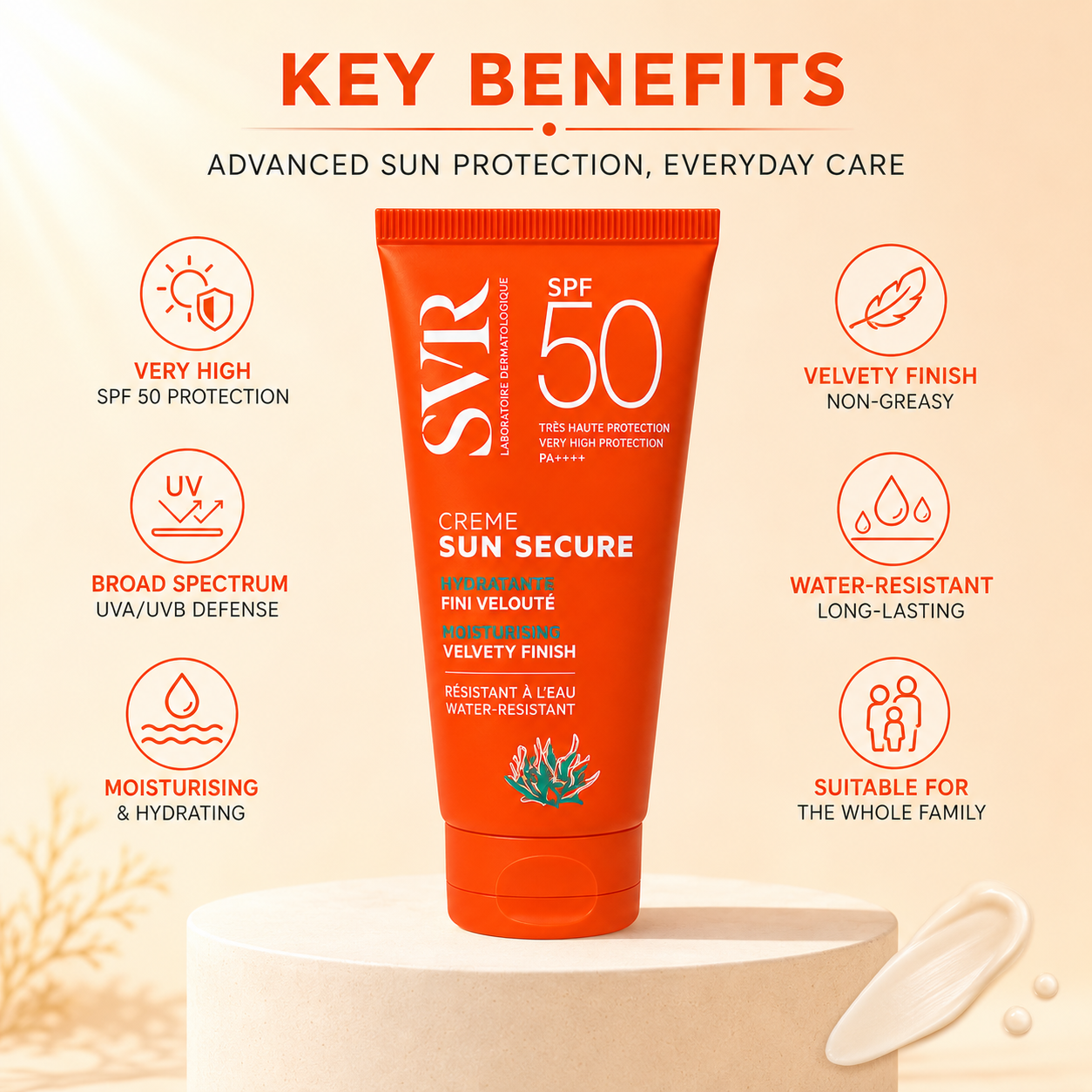 SVR Sun Secure Crème SPF 50+ moisturising face sunscreen cream 50ml offering very high broad-spectrum UV protection for sensitive skin.