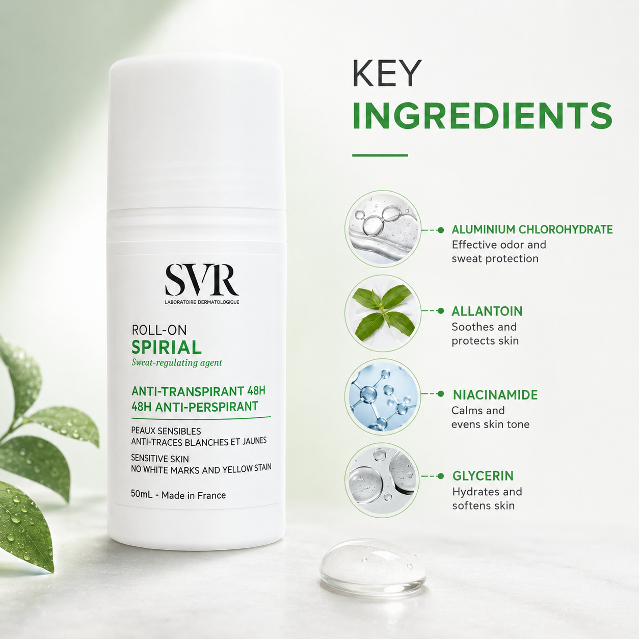 SVR Spirial Roll-On Anti-Transpirant 48H 50ml anti-perspirant roll-on for sensitive skin with long-lasting sweat protection and stain-free formula.