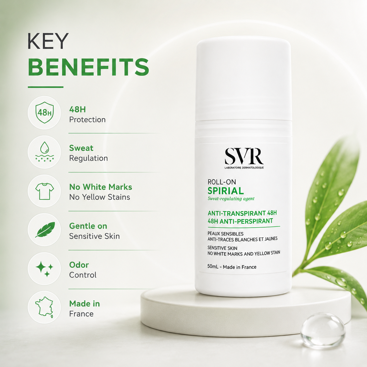 SVR Spirial Roll-On Anti-Transpirant 48H 50ml anti-perspirant roll-on for sensitive skin with long-lasting sweat protection and stain-free formula.