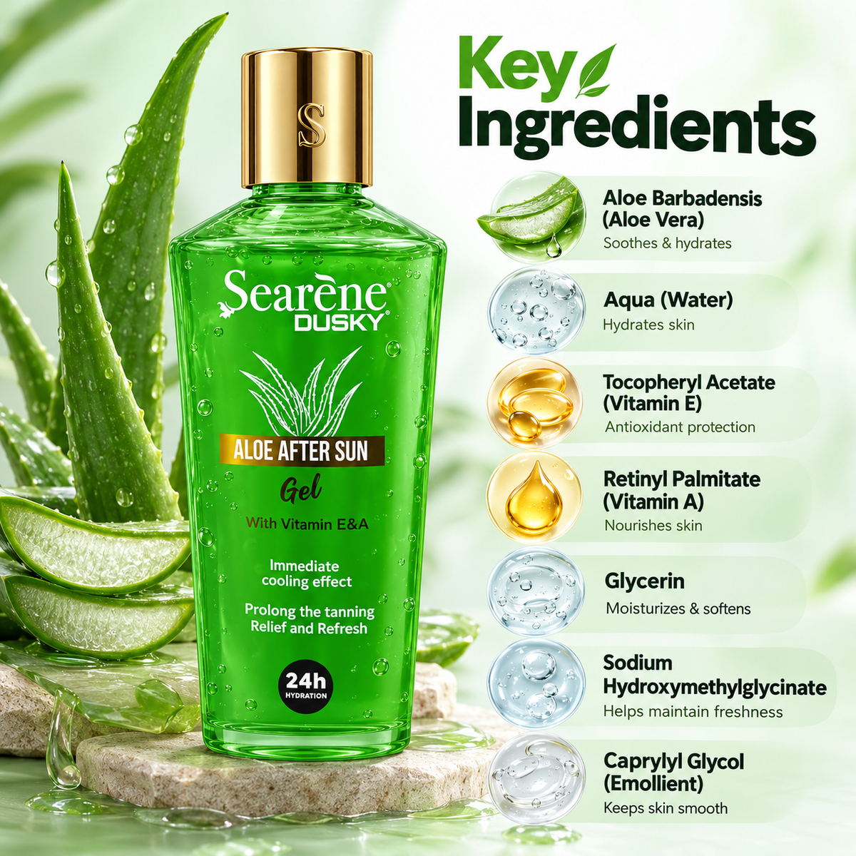 Searène DUSKY Aloe After Sun Gel, aloe vera cooling gel for soothing and hydrating sun-exposed skin in the UAE.