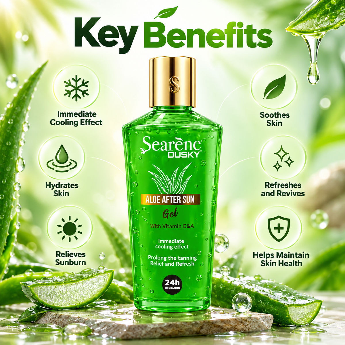 Searène DUSKY Aloe After Sun Gel, aloe vera cooling gel for soothing and hydrating sun-exposed skin in the UAE.