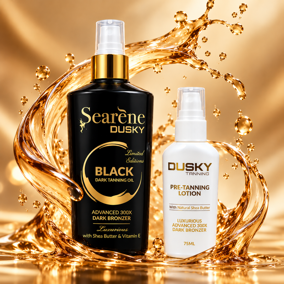 Searène DUSKY Black Dark Tanning Oil with Pre-Tanning Lotion set featuring dark bronzer and Shea Butter, 75ml lotion.
