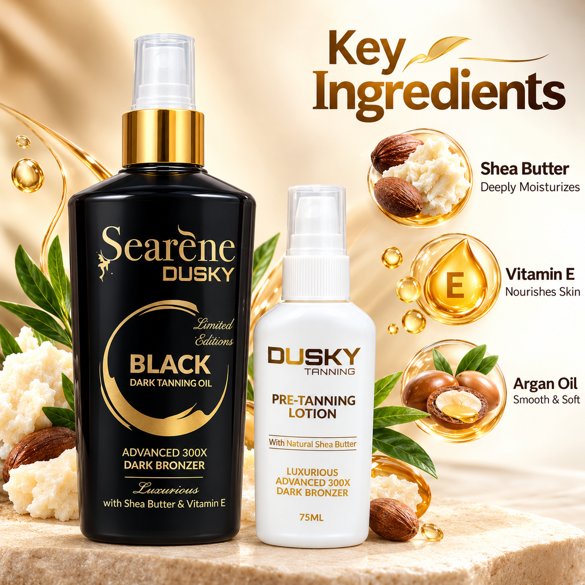 Searène DUSKY Black Dark Tanning Oil with Pre-Tanning Lotion set featuring dark bronzer and Shea Butter, 75ml lotion.