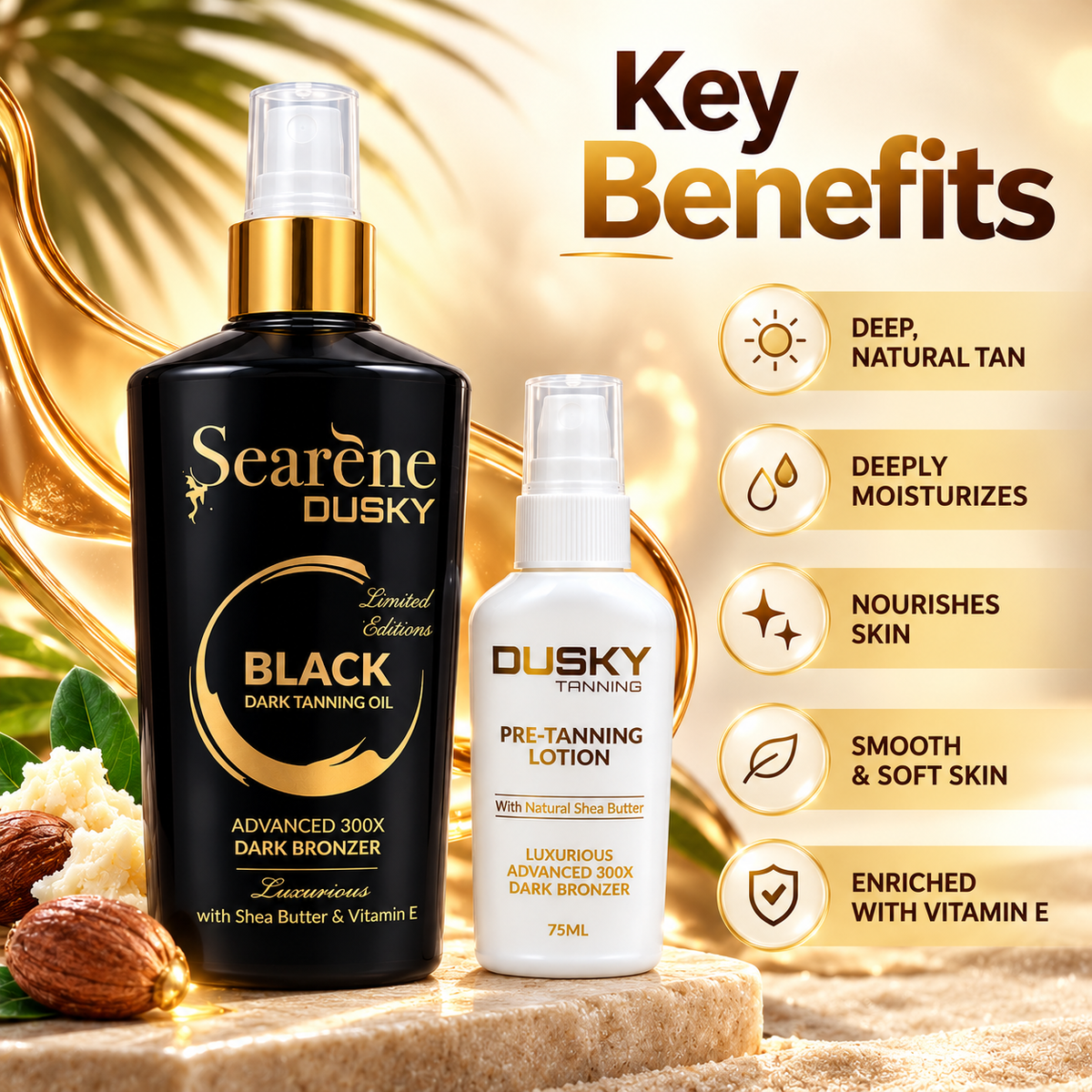Searène DUSKY Black Dark Tanning Oil with Pre-Tanning Lotion set featuring dark bronzer and Shea Butter, 75ml lotion.