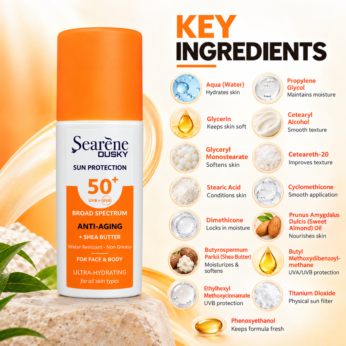 Searène DUSKY Sun Protection SPF 50+ Anti-Aging Shea Butter sunscreen for face and body, 75ml, with broad-spectrum UVA/UVB protection.