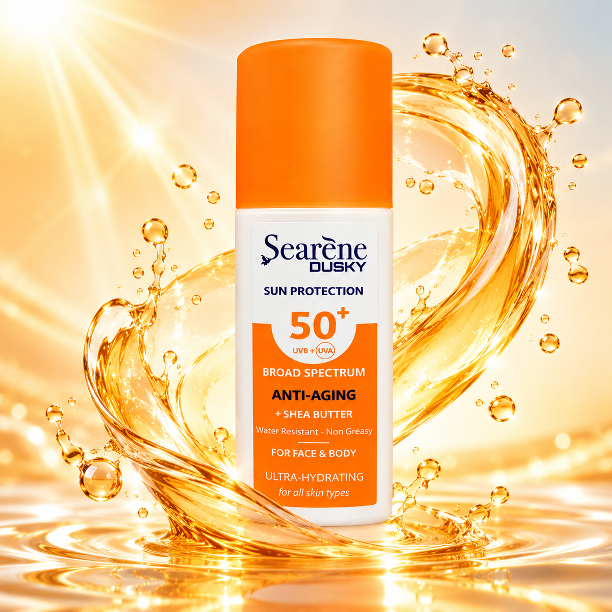 Searène DUSKY Sun Protection SPF 50+ Anti-Aging Shea Butter sunscreen for face and body, 75ml, with broad-spectrum UVA/UVB protection.
