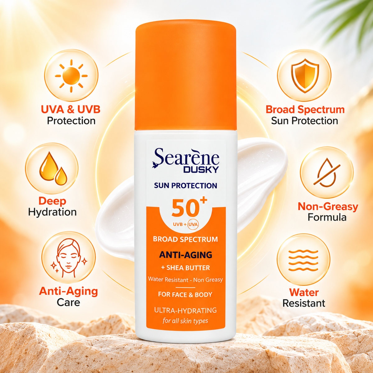 Searène DUSKY Sun Protection SPF 50+ Anti-Aging Shea Butter sunscreen for face and body, 75ml, with broad-spectrum UVA/UVB protection.
