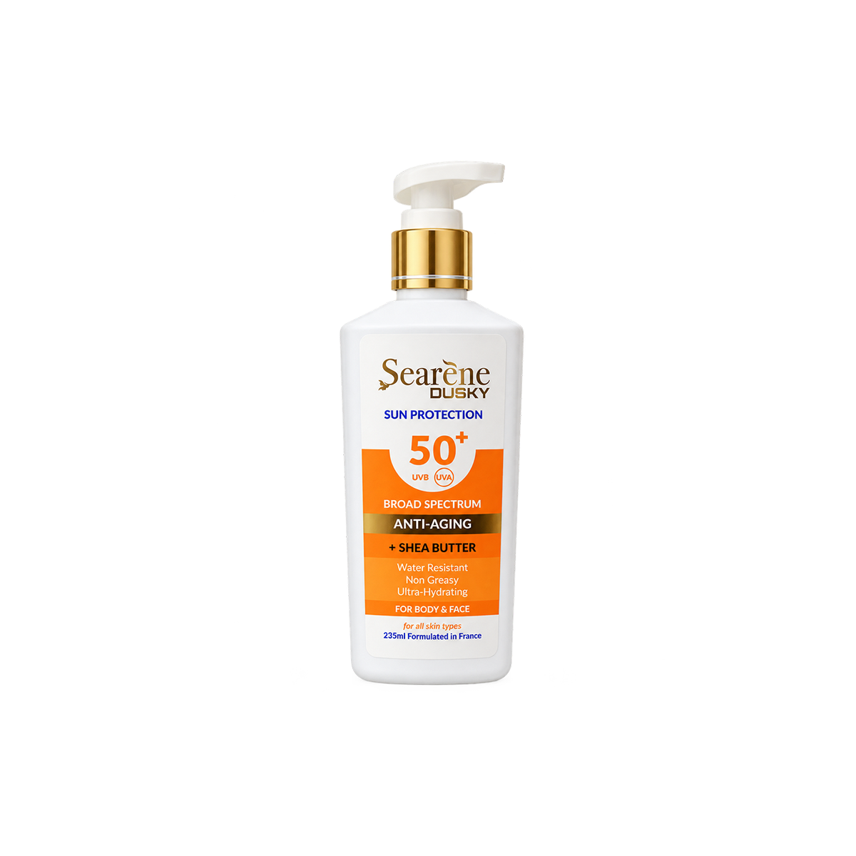 Searène DUSKY Sun Protection SPF 50+ anti-aging face and body sunscreen with shea butter, 235ml, for broad-spectrum UV protection.