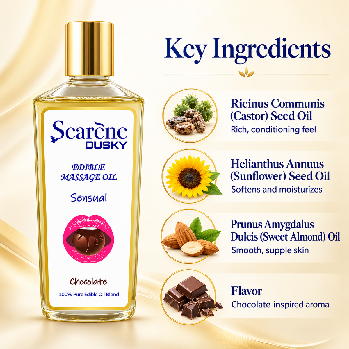 Searène DUSKY Sensual Chocolate Edible Massage Oil, an oil-based body massage blend with a chocolate-inspired aroma for soft-feeling skin.