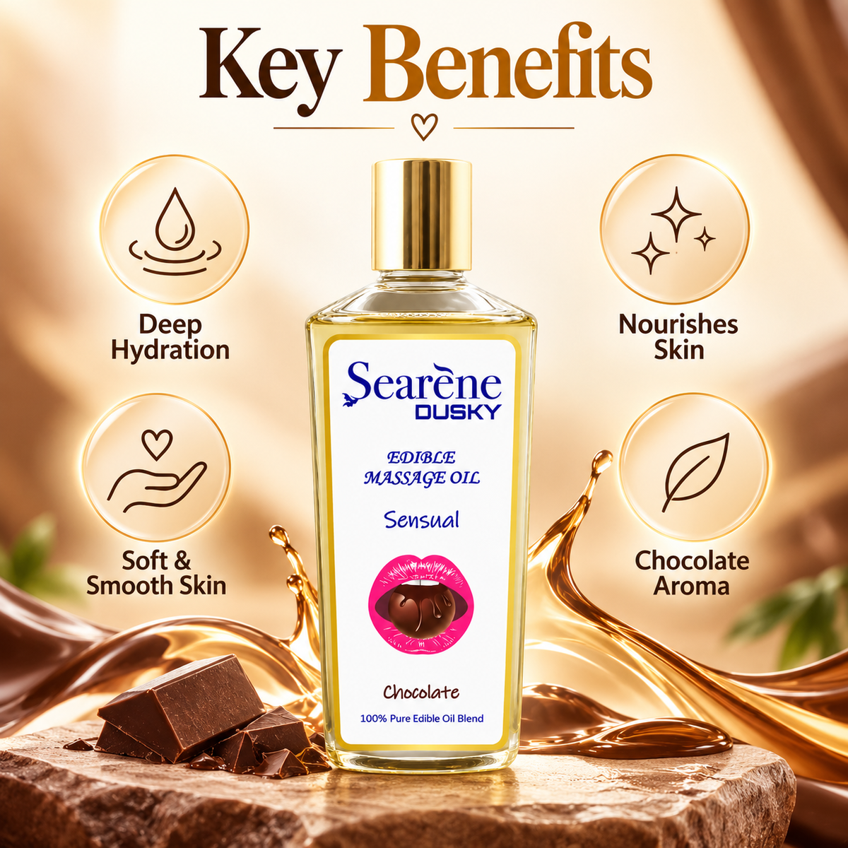 Searène DUSKY Sensual Chocolate Edible Massage Oil, an oil-based body massage blend with a chocolate-inspired aroma for soft-feeling skin.